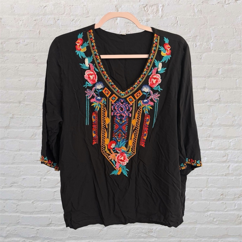Mexican Embroidered Blouse Black Boho Peasant Tunic 1/2 Sleeve Floral XL